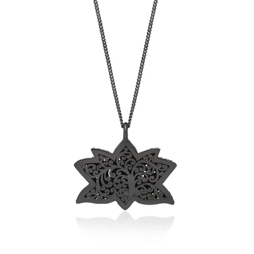 Black Diamond Lotus Pendant Necklace in Black Rhodium Plated Sterling Silver - Lois Hill Jewelry