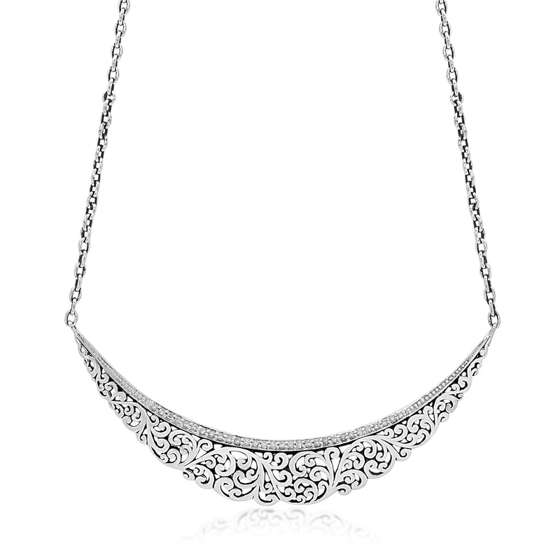 White Diamond Classic Signature Open Scroll Curved Bar Pendant Necklace