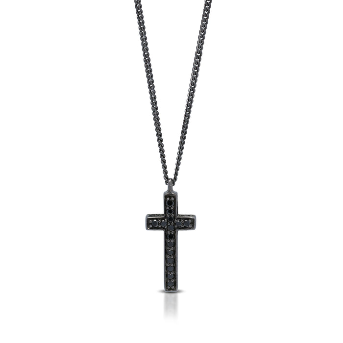 Black Diamond Cross Pendant Necklace in Black Rhodium Plated Sterling Silver