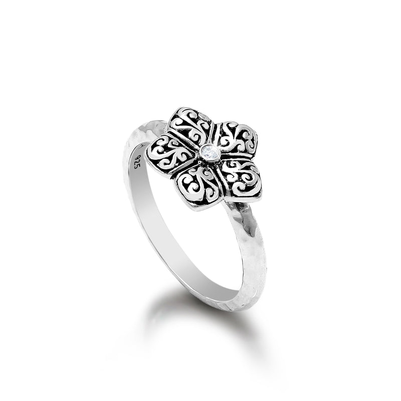 White Diamond (.01 ct) Floral LH Signture Scroll Band Ring